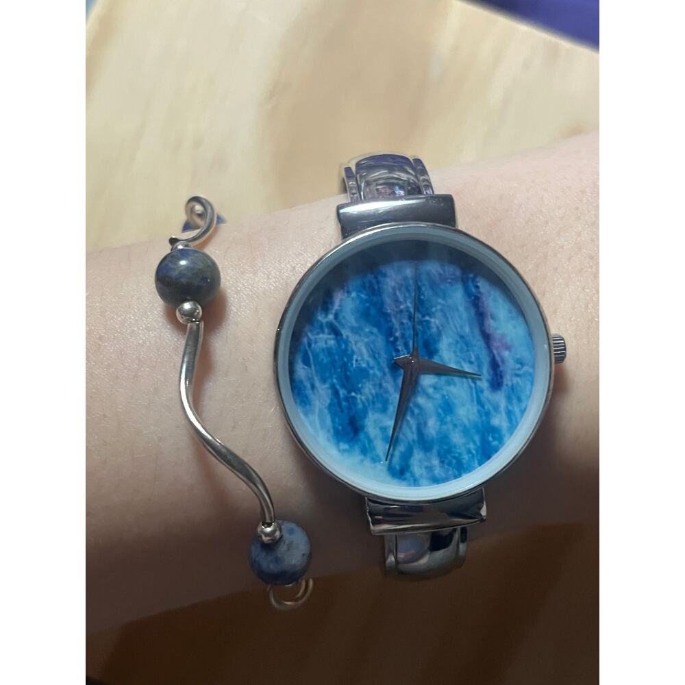 Blue Abstract Dial Watch + Bead Bracelet Set New Battery Olivia Pratt Style